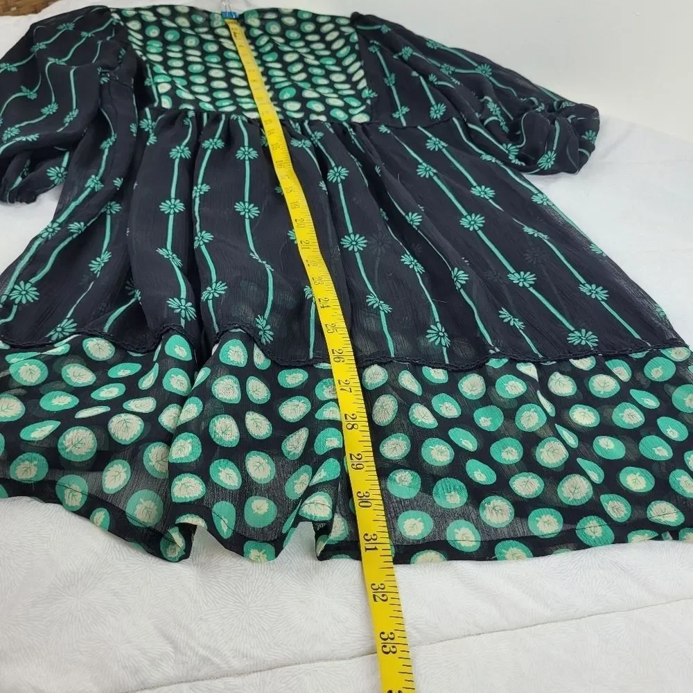 Forever black green deep V sheer tunic blouse puff sleeves whimsigoth boho S